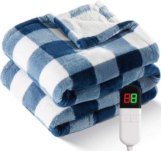 Electric Heated Sherpa Buffalo Plaid Christmas Throw Blanket with 8 Heating Levels & 8 Hours Auto Off, Fast Heating Warm Plush Washable Blanket with Over-Heat Protection, ETL Certification, Blue