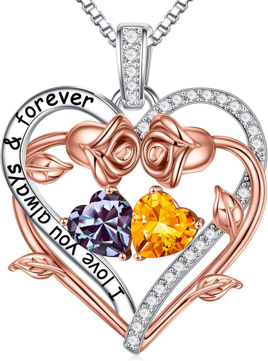 Iefil Rose Heart Double Birthstone Necklace Gifts for Wife Her Mom Women, Birthstone Jewelry Gemstone Birthday Gifts for Girlfriend Grandma Her Wife Women