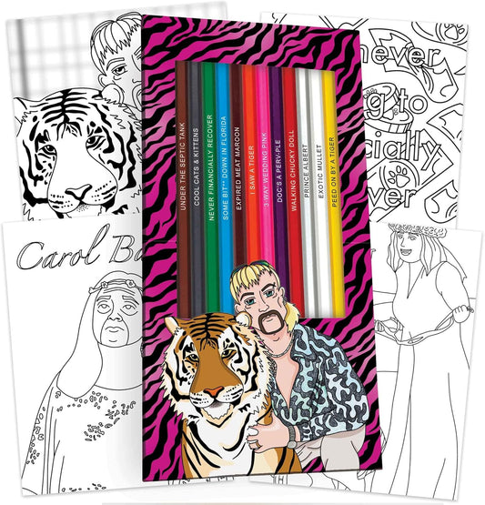 Exotic Colors Colored Pencil Set & Tiger King-Inspired Coloring Pages – Gift Set of 12 Parody Pencils with Foil-Stamped Names + 10 Coloring Sheets | Great for Fans & Tiger King TV Show Decor