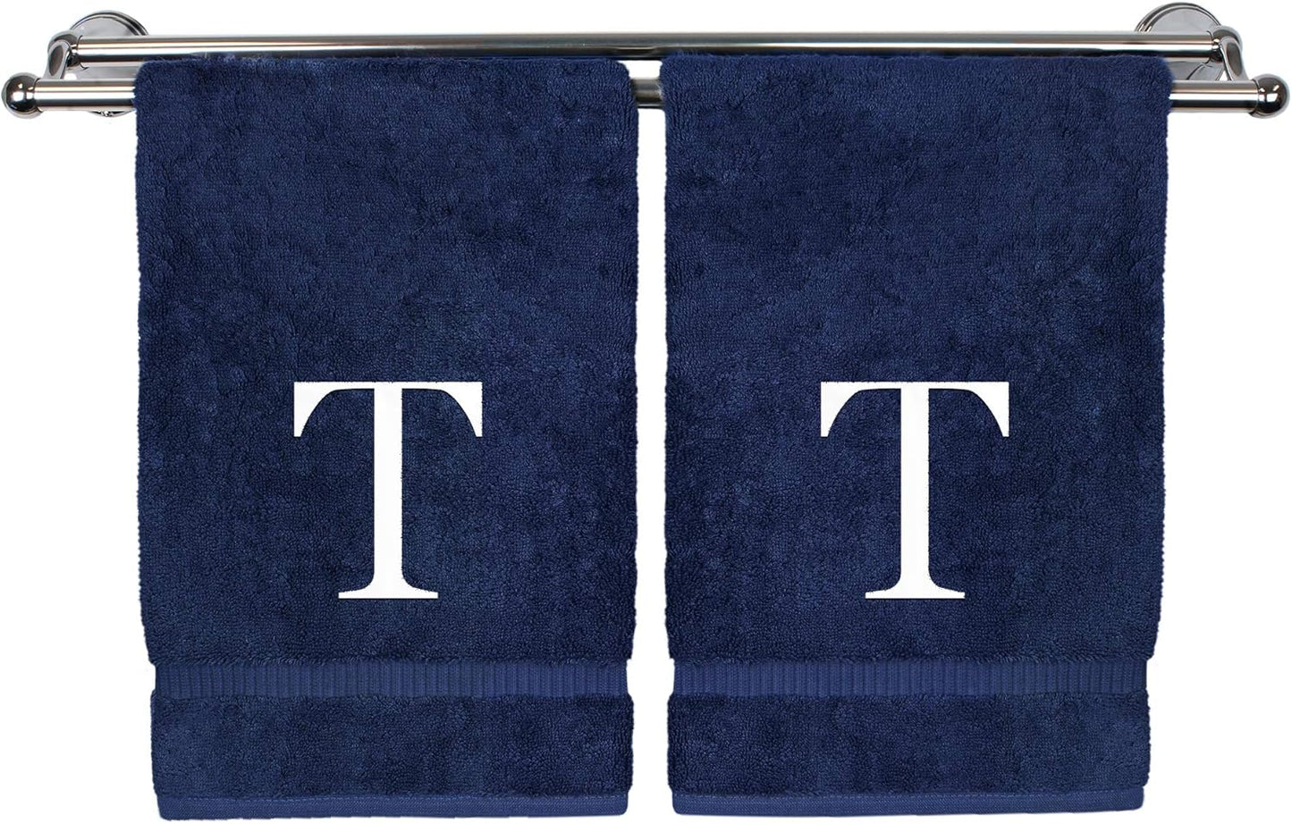 Monogrammed Hand Towel, Personalized Gift, Set of 2- White Block Letter Embroidered Towel - Extra Absorbent 100% Turkish Cotton - Soft Terry Finish - Initial T Navy