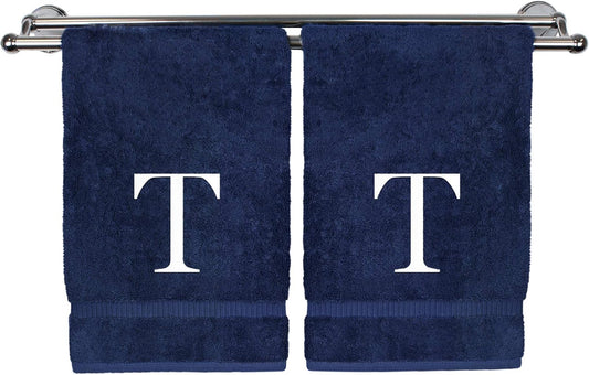 Monogrammed Hand Towel, Personalized Gift, Set of 2- White Block Letter Embroidered Towel - Extra Absorbent 100% Turkish Cotton - Soft Terry Finish - Initial T Navy