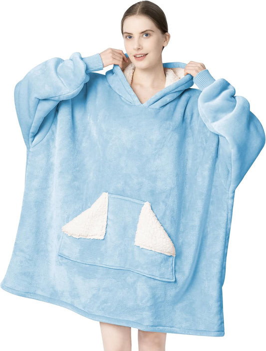 Touchat Wearable Blanket Hoodie, Oversized Sherpa Blanket Sweatshirt with Hood Pocket and Sleeves, Gifts Hooded Blanket for Adult Women Men (DustyBlue)
