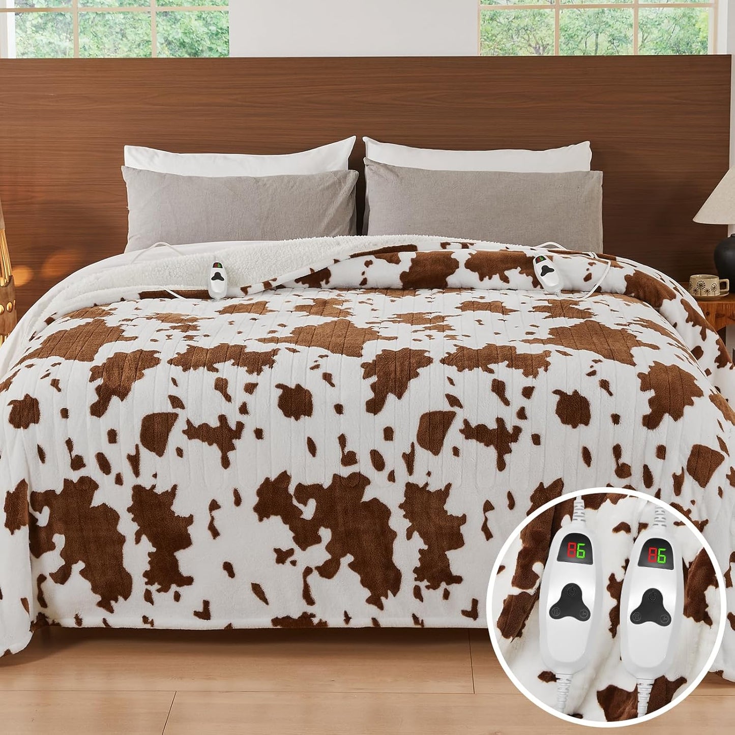 Cow Print Electric Heated Blanket King Size,90X100 Brown Heating Blanket King With Dual Control&Timer&10 Heat Levels,Highland Cow Decor Fleece Sherpa Blankets Warmer Gifts for Bed Women Adults,ETL