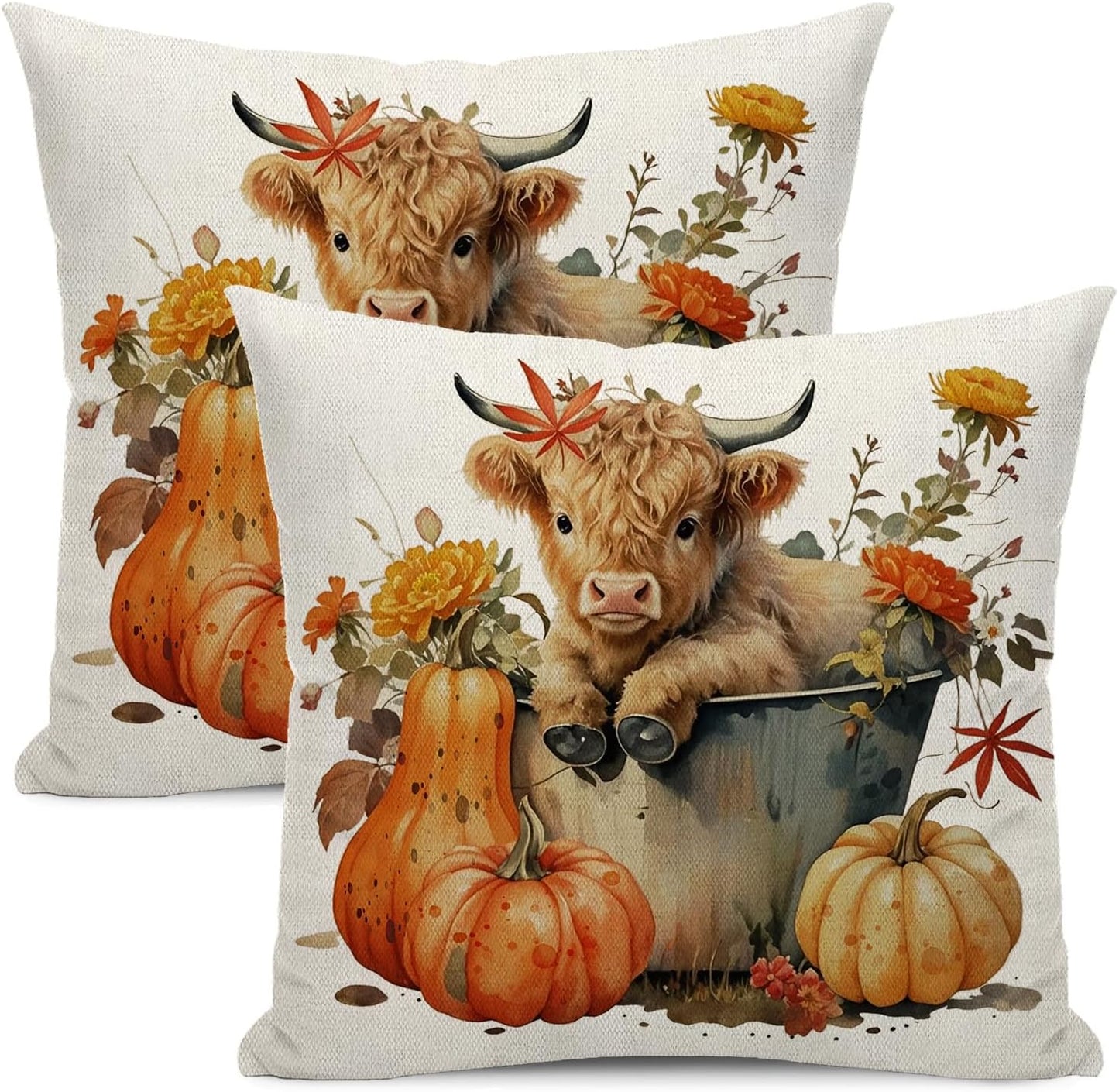 Fall Pillow Covers 18x18 Set Of 2 Orange Cow Pumpkin Floral Throw Pillow Covers Outdoor Autumn Thanksgiving Decoration Harvest Pumpkin Pillowcase Farmhouse Decorative Cushion Case For Home Sofa