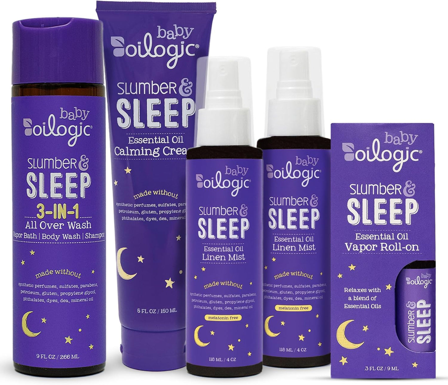 Oilogic Slumber & Sleep Bath Baby Essentials Gift Set - Includes All Over Wash, Calming Cream, Sleep Spray & Roll-On Essential Oils - Pediatrician-Tested Sleep, Comfort & Wellness Blends for Babies