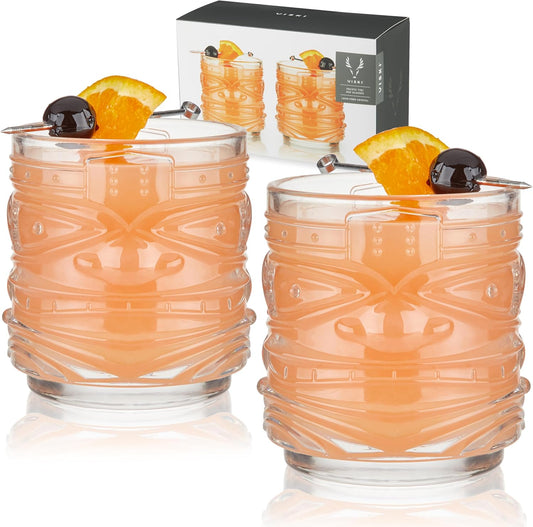 Viski Pacific Tiki Glasses Stackable Lowball DOF Tumblers, Tropical Cocktail and Bar Gifts for Rum and Whiskey, 12 Oz, Set of 2