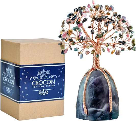 Multi Tourmaline Crystal Tree with Fluorite Rough Base Tree of Life Decor for Shelf, Bedroom, Birthday Gifts for Women, Sister Gifts, Birthday Gifts for Mom, Cute Home Decor Purple Decor Present