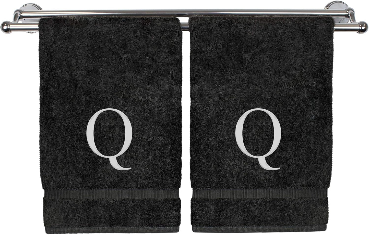 Monogrammed Hand Towel, Personalized Gift, Set of 2- White Block Letter Embroidered Towel - Extra Absorbent 100% Turkish Cotton - Soft Terry Finish - Initial Q Black