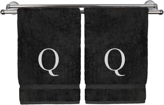 Monogrammed Hand Towel, Personalized Gift, Set of 2- White Block Letter Embroidered Towel - Extra Absorbent 100% Turkish Cotton - Soft Terry Finish - Initial Q Black