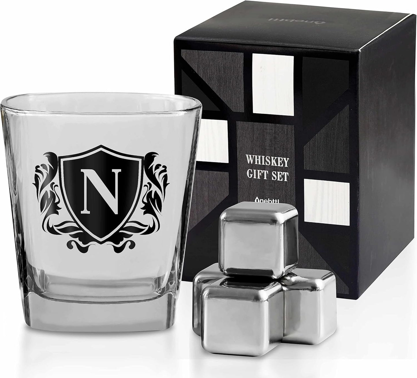 Whisky Gifts for Men, Personalized Initial Whiskey Glass with Whiskey Stones for Dad, Boyfriend, Best Friends, Coworkers, Husband, Brother, Uncle and Boss on Father's Day, Boss Day and Birthday - N