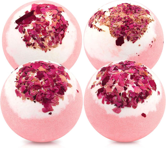 Dried Flower Bath Bombs Salt Balls,4-Pack Gift Set,Rose Extract Essential Oils,Moisturizing Dry Skin,Fizzy Spa,Relaxation,Self Care,Relaxing,Bubble Bath Bomb Gifts Idea for Men Women