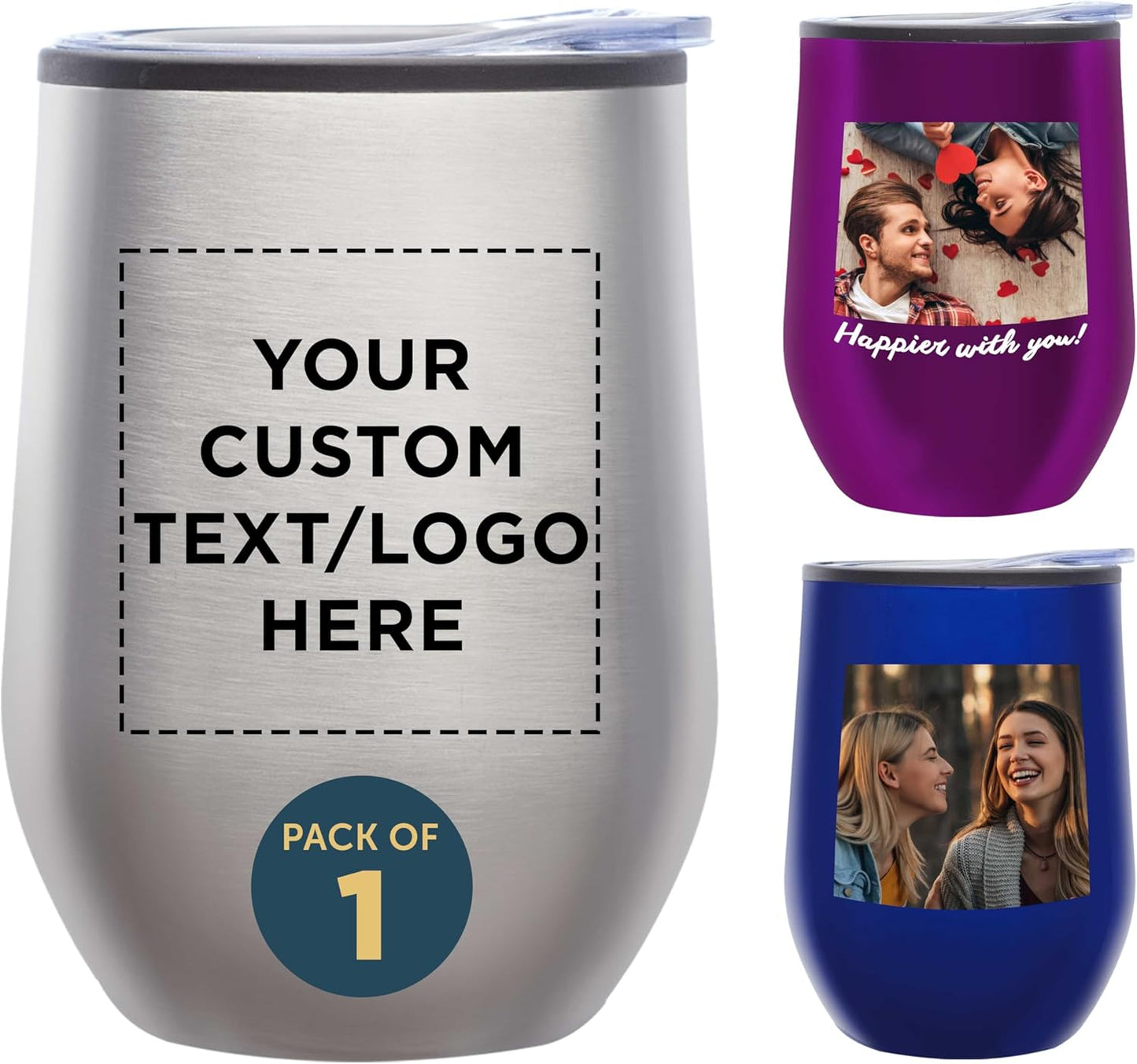 DISCOUNT PROMOS Custom Stemless Wine Tumblers 12 oz. Set of 1, Personalized Bulk Pack - Insulated, Perfect for Wine, Cocktails, Other Hot & Cold Beverages - Silver