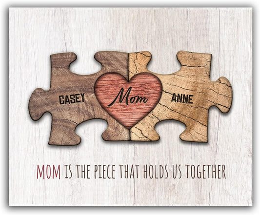 Personal-Prints MOM & Children Personalized HEART Puzzle Wall Art | Unique Customized with up to 8 Names | Mother’s Day, Birthday or Christmas Gift (11"x14" Stretched Canvas, 2 Children)