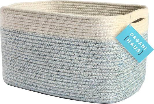 OrganiHaus White and Blue Basket | Coiled Rope Basket with Handles | Woven Basket for Storage | Nursery Storage Basket | Decorative Storage Basket | Towel Baskets for Bathroom | Baby Toy Basket