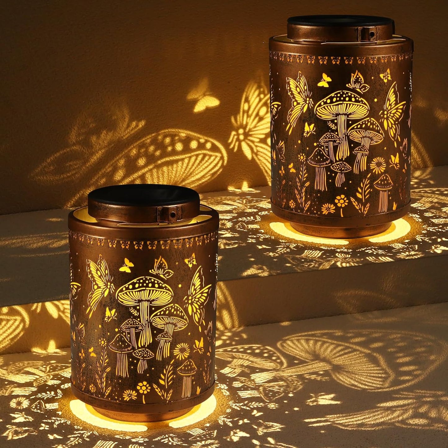 2 Pack Solar Lanterns Outdoor Waterproof Butterfly Garden Decor Gifts for Women Mon Grandma Metal Hanging Solar Lights Decoration for Outside LED Lanterns for Yard Patio Lawn(Mushroom)