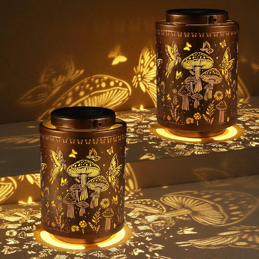 2 Pack Solar Lanterns Outdoor Waterproof Butterfly Garden Decor Gifts for Women Mon Grandma Metal Hanging Solar Lights Decoration for Outside LED Lanterns for Yard Patio Lawn(Mushroom)