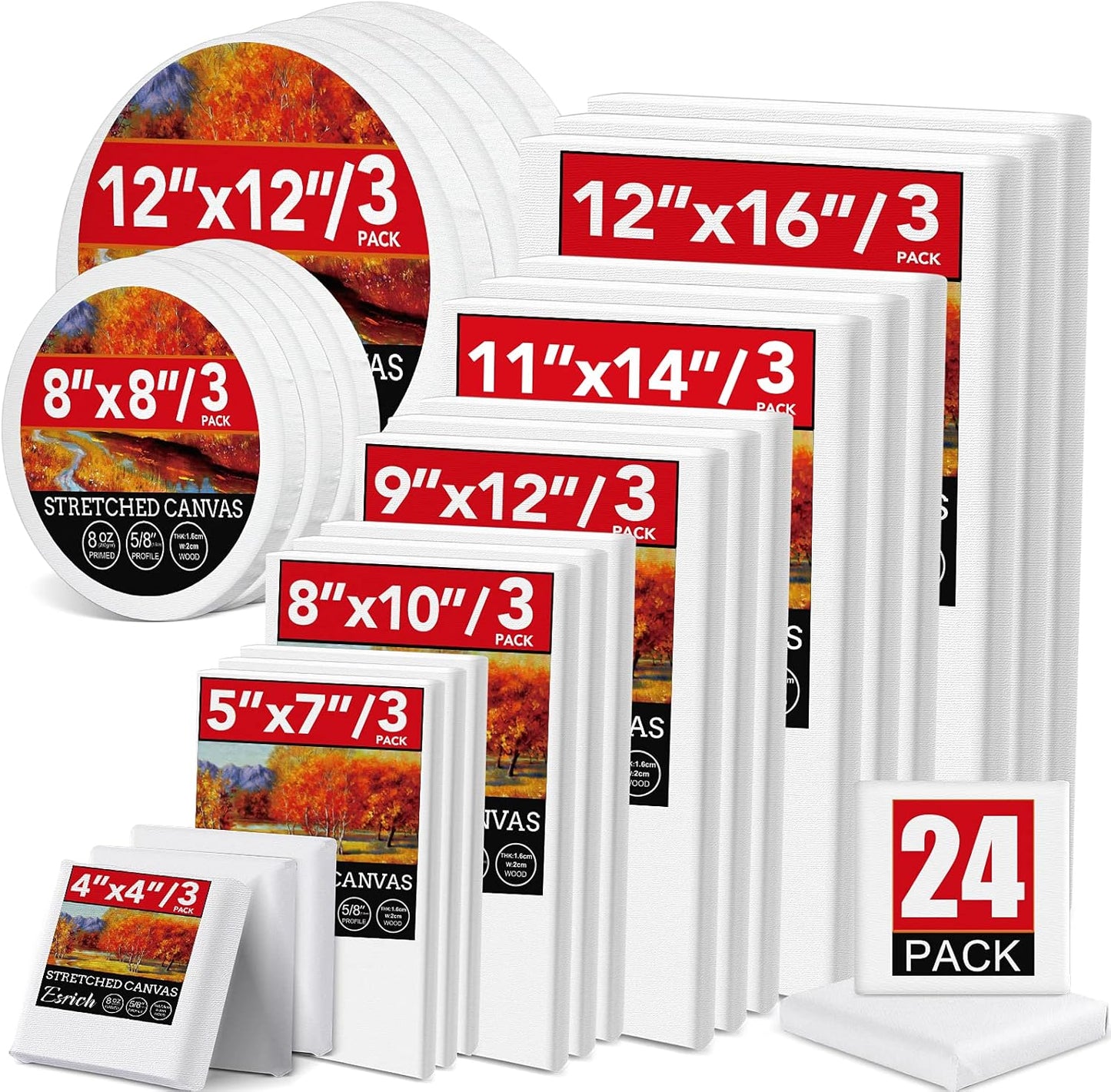 24 Pack Canvases for Painting with 4"x4", 5"x7", 8"x10", 9"x12", 11"x14", 12"x16", Round Canvas with 12"x12", 8"x8", 3 of Each, Painting Canvas for Oil & Acrylic Paint.