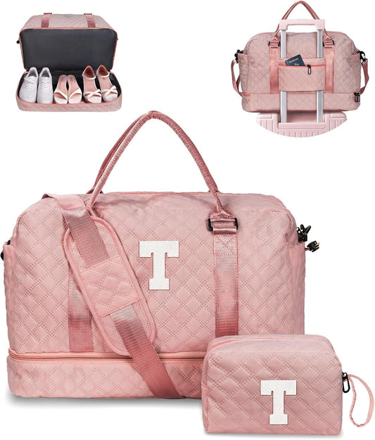 Birthday Gifts for 11 12 13 14 15 16 17 18 Year Old Girls Gifts-Initial Duffle Bag with Shoe Compartment, Letter Travel Bag with Makeup Bag，Birthday Gift GraduatIion Gifts for Her (Letter T)