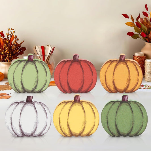 COCHIE Wooden Fall Pumpkins Decorations for Home Office Indoor, Farmhouse Thanksgiving Table Tiered Tray Decor Set of 6, Vintage Fall Harvest Pumpkin Block Signs Tabletop Shelf Decoration (Pumpkin)