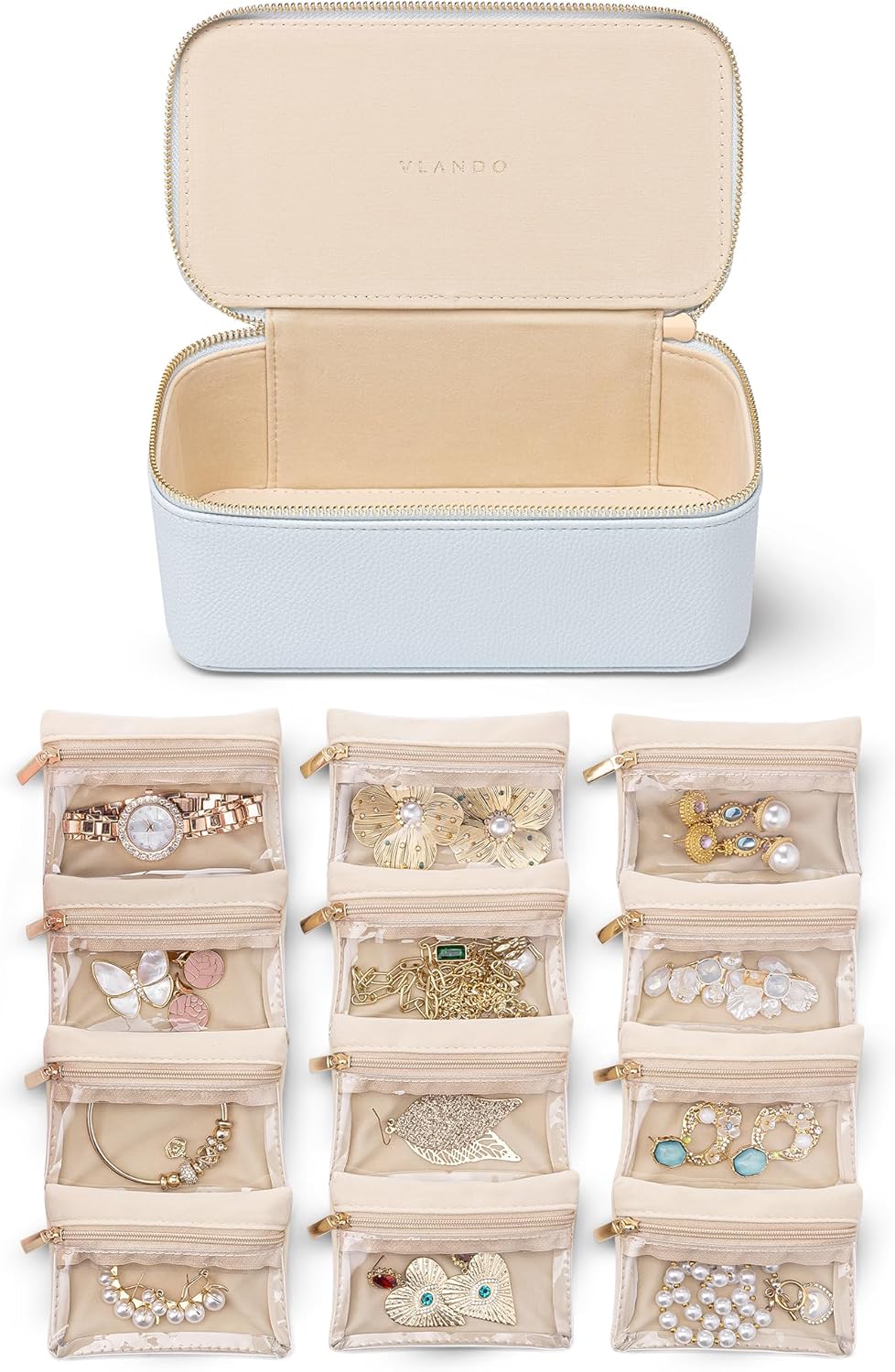 Vlando Travel Jewelry Case Organizer,Small Jewelry Box with 12 Velvet Jewelry Storage Pockets,Christmas Gift Ideas for Bride Friends Women Girls-Baby Blue
