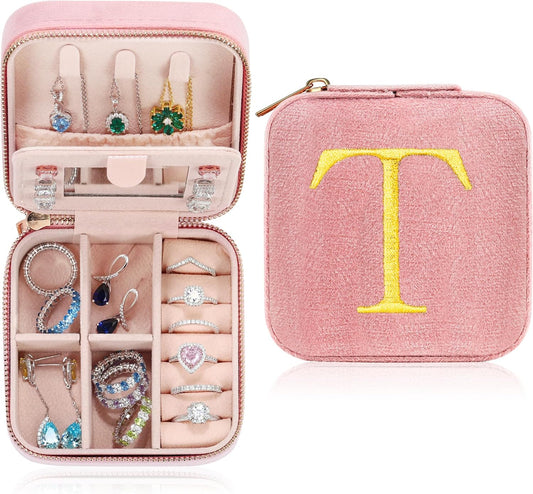 Parima Teacher Gifts for Women - Jewelry Box Personalized Travel Jewelry Case Organizer End Of Year Teacher Appreciation Week Thank You Retirement Gifts for Teacher Friend Birthday - Letter T, Pink