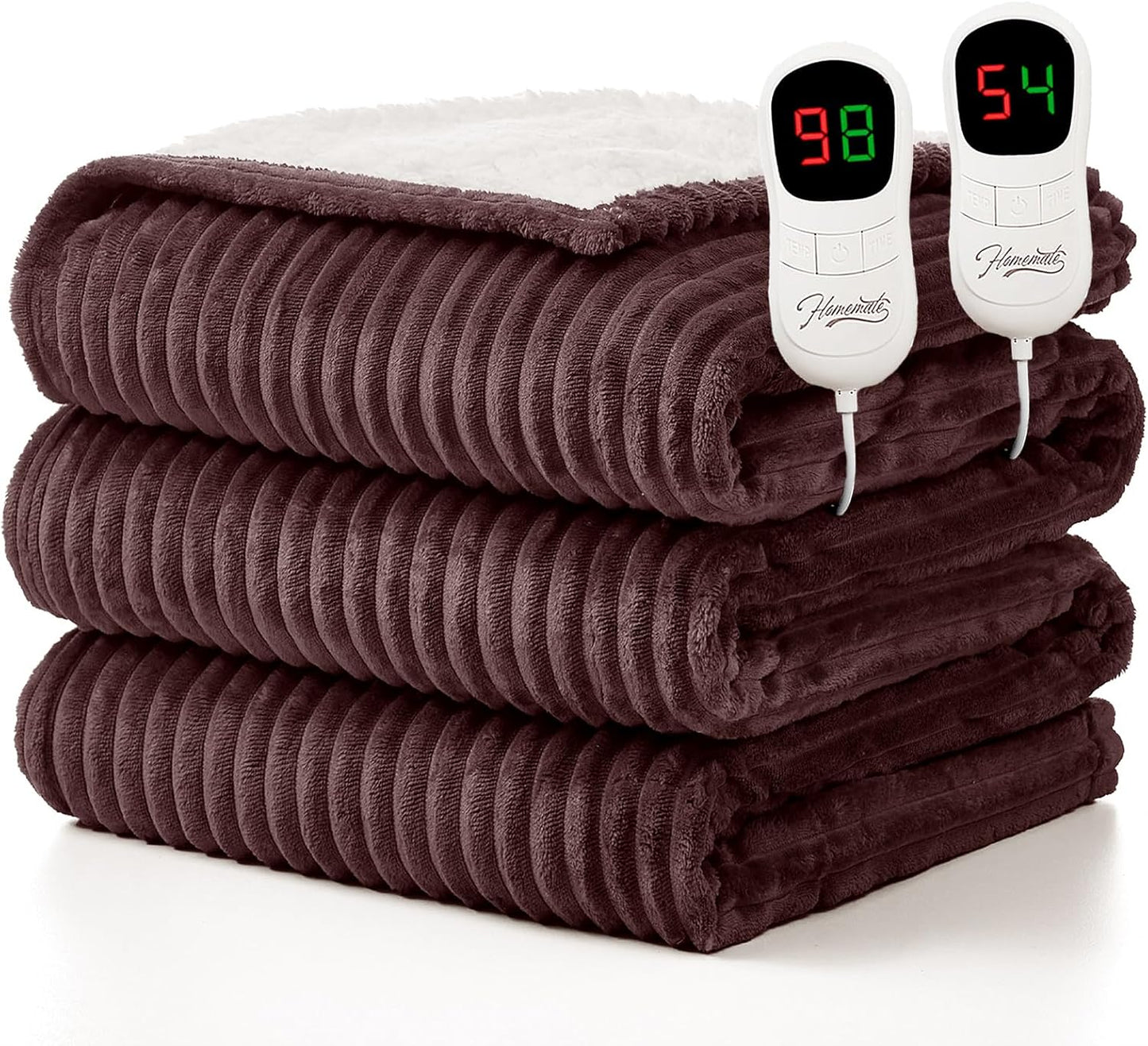 Homemate Electric Heated Blanket King Size - 100"x90" Heating Blanket King Size Dual Control 1/2/4/6/8 Hours Auto-Off 10 Heat Level Over-Heat Protection Soft Flannel Sherpa ETL Certification