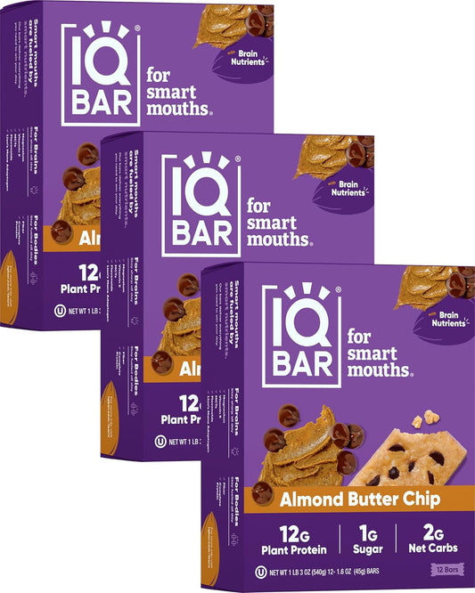 IQBAR Brain and Body Plant Protein Bars - Almond Butter Chip - 36-Count Low Carb - Gluten Free, High Fiber, Vegan Snacks - Low Sugar Meal Replacement