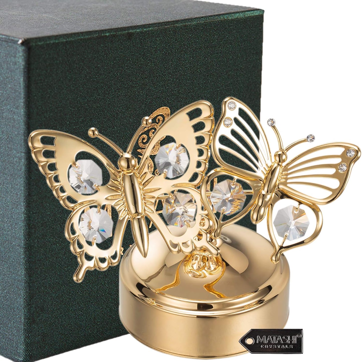 Matashi 24K Gold Plated Double Butterfly Music Box Plays 'Memory' - Gifts for Mom, Woman - Tabletop Showpiece for Living Room - Ideal Valentine's Day Gift for Her - Mother's Day, Housewarming Present