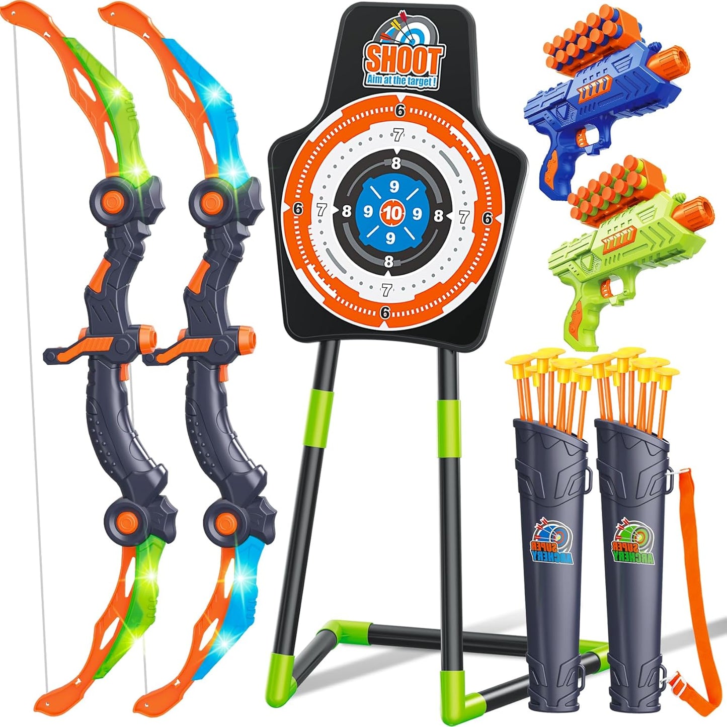 GMAOPHY 2 Pack Bow and Arrow Toy for 5 6 7 8 9 10 11 12 Year Old Boys, Birthday for Kids, Indoor Outdoor Sport Games Toys for Ages 4-8 8-12, LED Light Up Archery Set with 20 Suction Cup Arrows