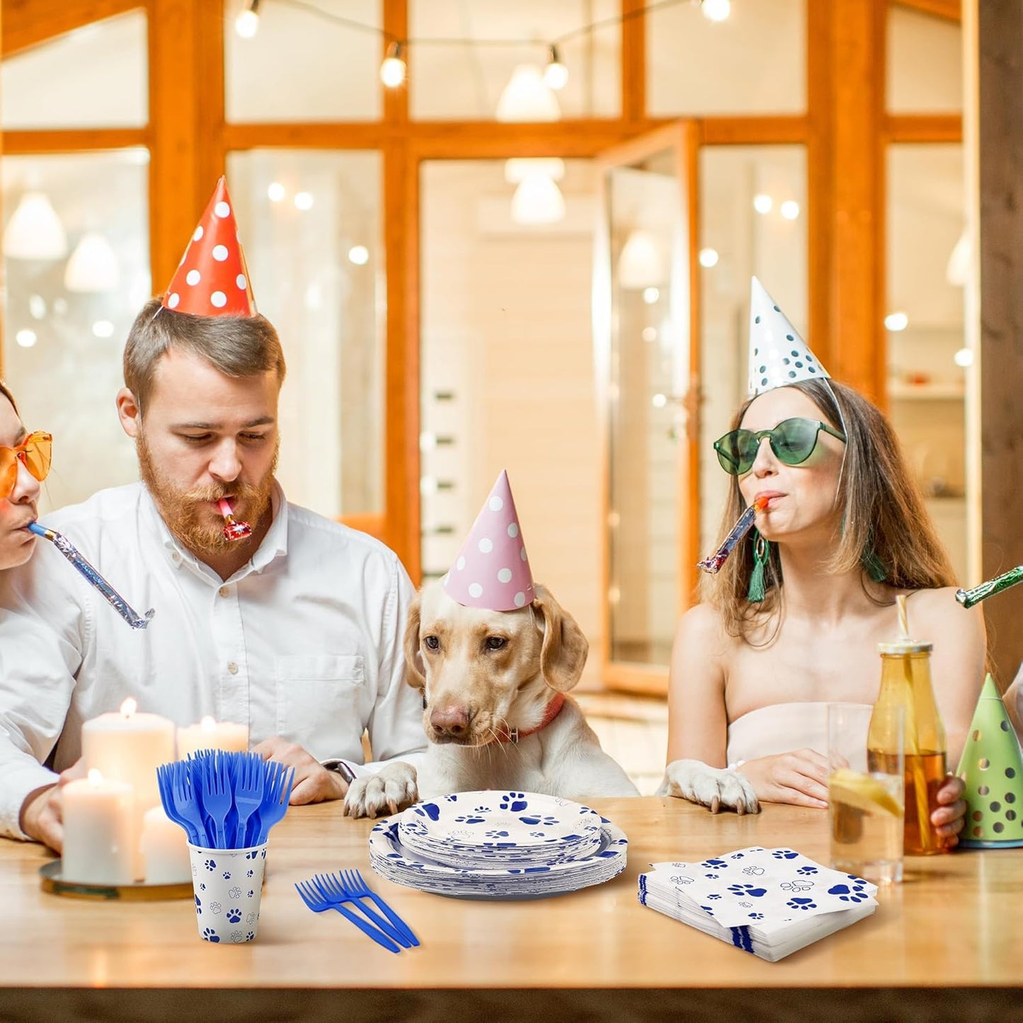 144 Pieces Blue Paw Print Party Tableware Sets Including Disposable Plates Napkins Cups Forks Serves 24 for Dog Puppy Theme Party Supplies