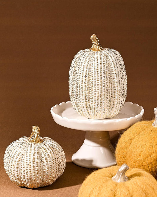 Fall Thanksgiving Pumpkin Decor Figurines, 2 PCS Fake Pumpkin Statues for Tabletop Decorating, White and Gold Resin Pumpkins for Autumn Harvest Luxury Fall Home Decor, Farmhouse, Gift Package