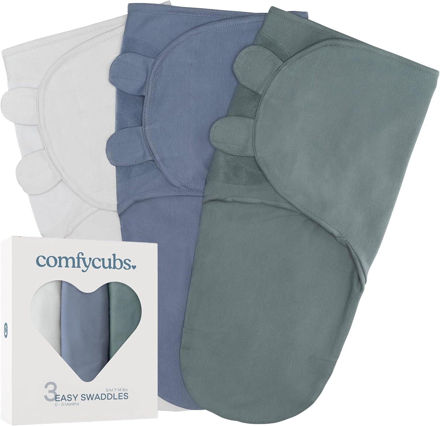 Comfy Cubs Easy Swaddle Blanket, 3 Pack - 100% Cotton Newborn Wrap, Small for 0-3 Months Infants, with Adjustable Velcro, Breathable and Durable Sleep Sack for Babies - Stone, Nomadic Blue & Azul