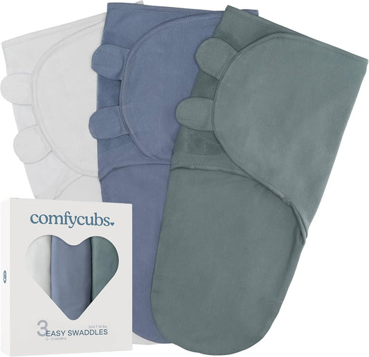 Comfy Cubs Easy Swaddle Blanket, 3 Pack - 100% Cotton Newborn Wrap, Small for 0-3 Months Infants, with Adjustable Velcro, Breathable and Durable Sleep Sack for Babies - Stone, Nomadic Blue & Azul