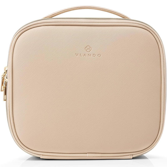 Vlando Travel Makeup Bag, Large Capacity Cosmetic Bag for Women PU Leather Makeup Case Organizer Portable Make up Bag with Dividers and Handle for Girls,Wedding,Makeup Brushes Milk Tea