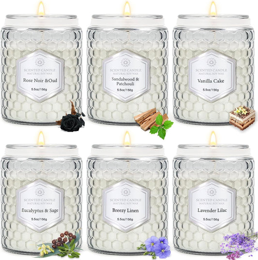 6 Pack Scented Candles for Home, Aromatherapy Gift Set for Women, Natural Soy Wax Jar, 33 oz 240 Hour Long Lasting, Birthday and Valentine's Day Gift, Flax Gray