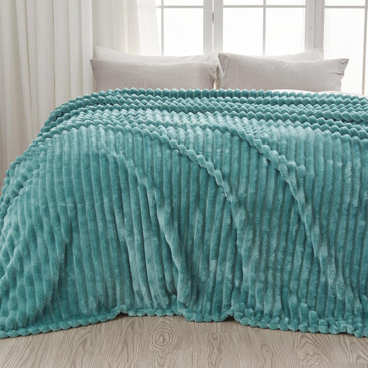 NEWCOSPLAY Super Soft Queen Blanket Light Teal Premium Silky Flannel Fleece 3D Ribbed Jacquard Lightweight Bed Blanket All Season Use (Light Teal Ribbed, Queen(90"x90"))