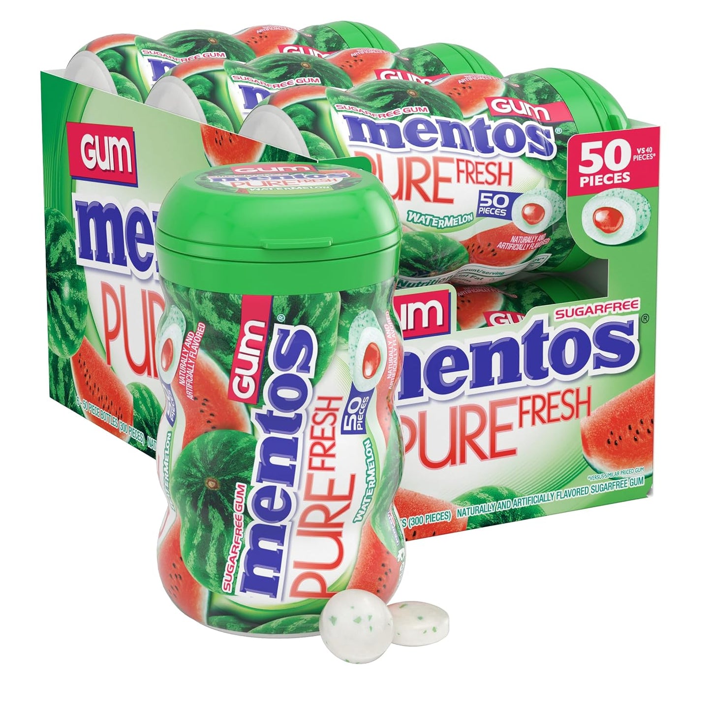 Mentos Pure Fresh Sugar-Free Chewing Gum with Xylitol, Watermelon, Bulk, 50 Piece Bottle (Pack of 6)