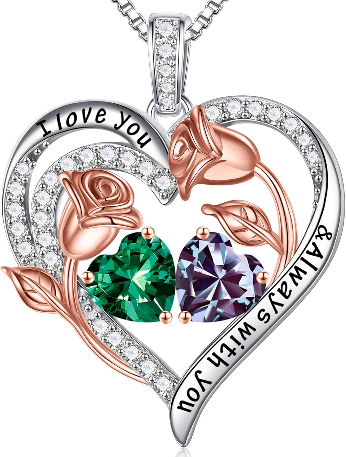 Iefil Birthstone Necklace for Women - 925 Sterling Silver Rose Heart Birthstone Necklace Birthday Anniversary Jewelry Gifts for Her Wife Mom Daughter