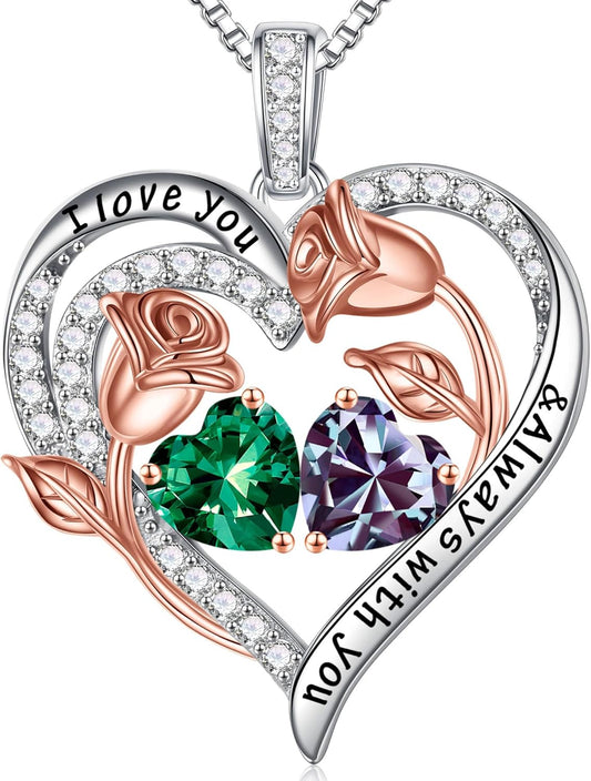 Iefil Birthstone Necklace for Women - 925 Sterling Silver Rose Heart Birthstone Necklace Birthday Anniversary Jewelry Gifts for Her Wife Mom Daughter