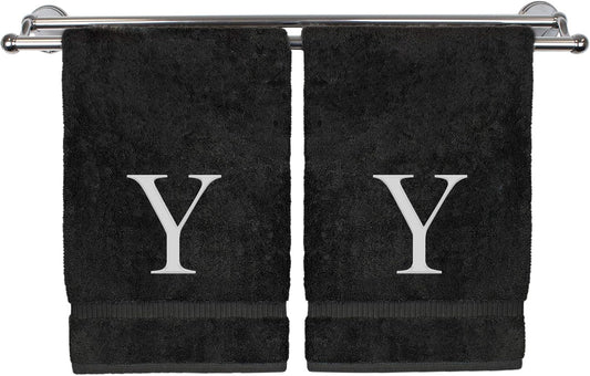 Monogrammed Hand Towel, Personalized Gift, Set of 2- White Block Letter Embroidered Towel - Extra Absorbent 100% Turkish Cotton - Soft Terry Finish - Initial Y Black