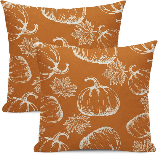 Fall Pillow Covers 18x18 Set of 2 Orange Burnt Pumpkin Maple Leaves Throw Pillow Covers Fall Thanksgiving Decorations for Autumn Decorative Linen Cushion Covers for Couch Sofa Outdoor Decor