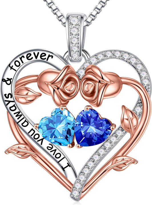 Iefil Rose Heart Double Birthstone Necklace Gifts for Wife Her Mom Women, Birthstone Jewelry Gemstone Birthday Gifts for Girlfriend Grandma Her Wife Women