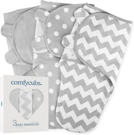 Comfy Cubs Easy Swaddle Blanket, 3 Pack - 100% Cotton Newborn Wrap, Small for 0-3 Months Infants, with Adjustable Velcro, Breathable and Durable Sleep Sack for Babies - Grey