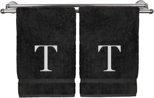 Monogrammed Hand Towel, Personalized Gift, Set of 2- White Block Letter Embroidered Towel - Extra Absorbent 100% Turkish Cotton - Soft Terry Finish - Initial T Black