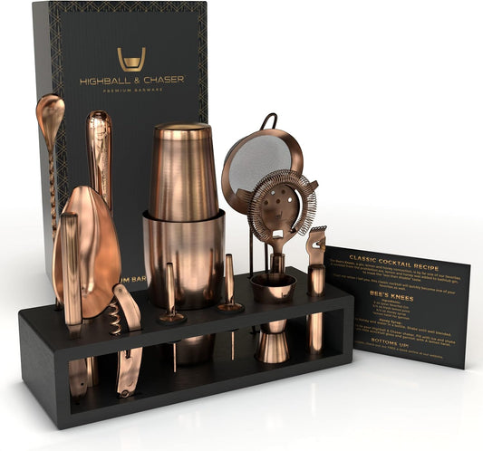 Highball & Chaser Bartender Kit with Black Bamboo Stand Beautiful Cocktail Shaker Set and Bar Tools Stainless Steel Boston Shaker Bartender Kit with Stand (Antique Copper)