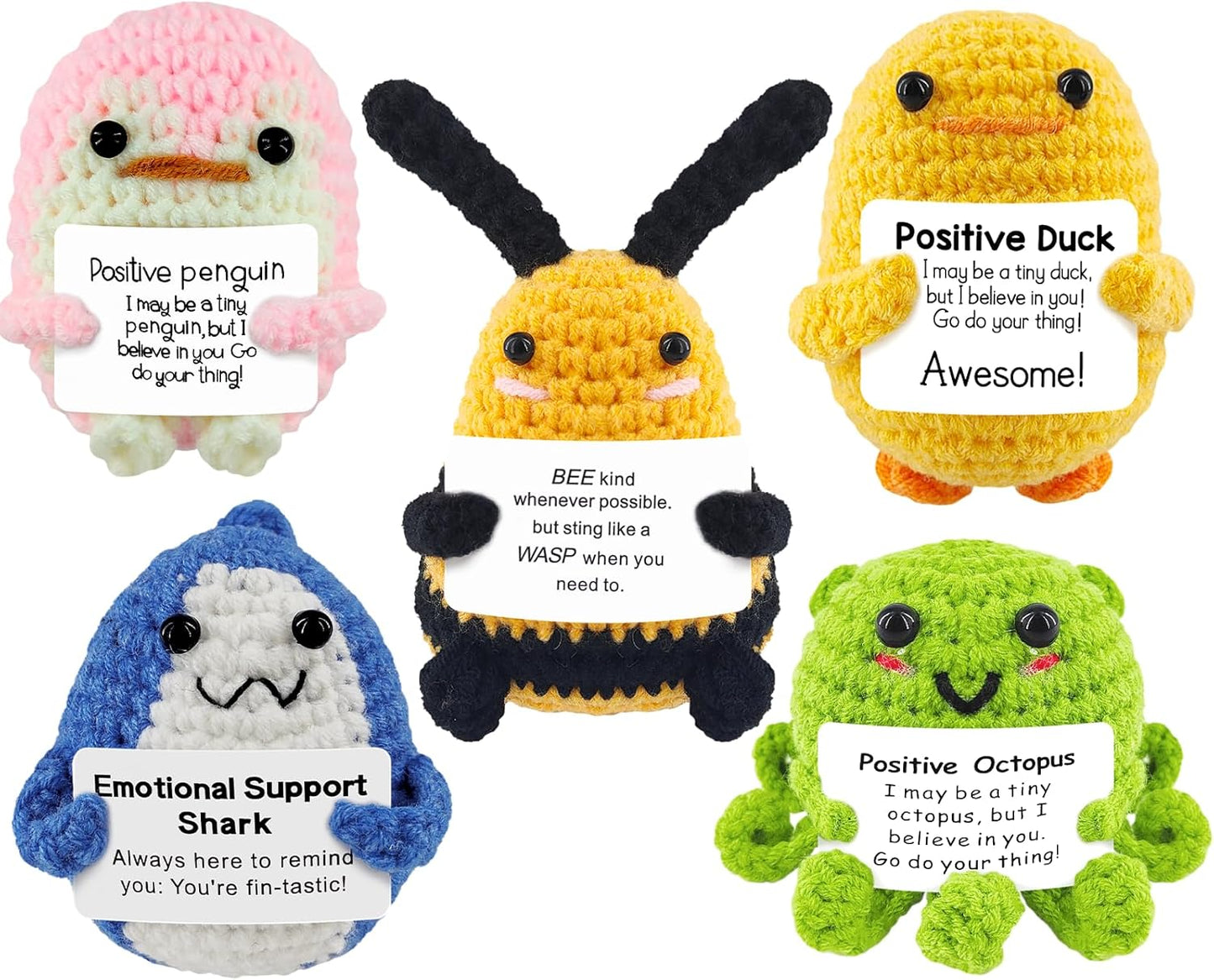 5-Piece Crochet Animals Funny Gifts - Shark, Duck Knitted Dolls with Positive Card for Cheer Up Gifts, Birthday, Party Decor