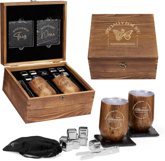 Wine Lovers Gifts for Women, Birthday Gifts for Mom Sister Friend Coworker Girlfriend Inspirational Gift Set, Wine Gift Box Set with Tumblers, Ice Cubes