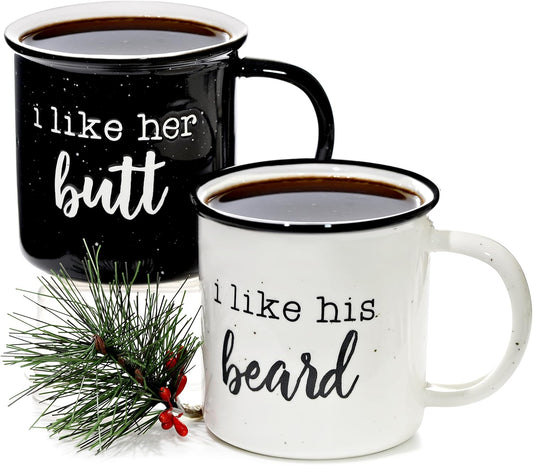 MAINEVENT I Like His Beard I Like Her Butt Coffee Mug Set of 2 11 Ounce, His Her Mug, Couple Wedding Gift