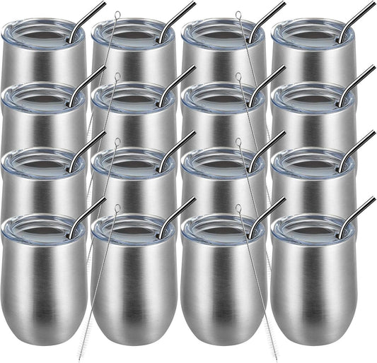 MEWAY 12oz Wine Tumbler 16 Pack Bulk Gifts for Women,Double Wall Vacuum Stainless Steel Travel Mug with Lid,Insulated Stemless Wine Cup Glass for Coffee,Cocktails,Drinks(Sliver,Set of 16)