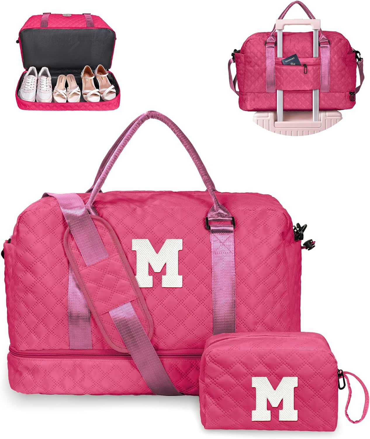 Gifts for Teen Girls 12-14, Birthday Gift-Initial Travel Bag with Shoe Compartment, Personalized Weekender Bag, Monogram Overnight Bag for Women, Letter Travel Bag with Makeup Bag (Letter M)